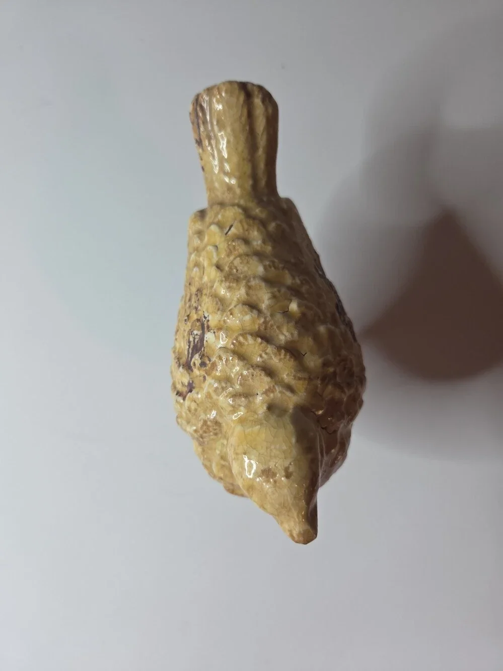 Vintage Primitive Ceramic Bird Figurine Yellow Glazed Textured Body w/wire Legs